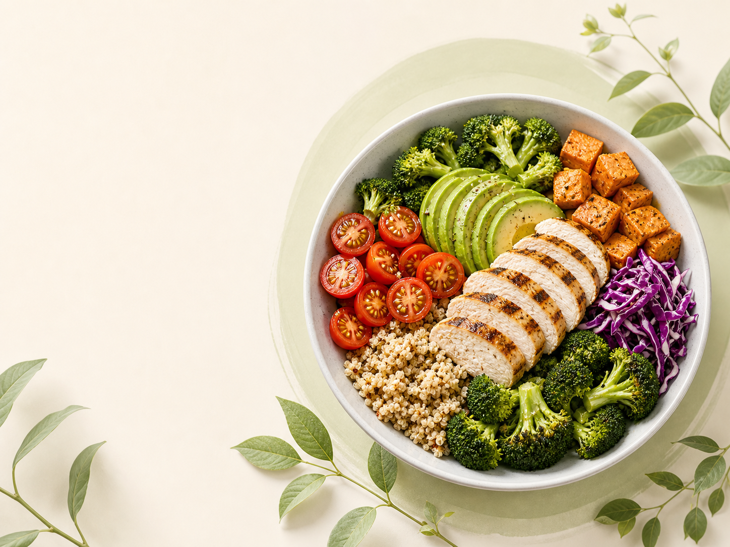 Colorful balanced meals prepared with fresh vegetables and grains